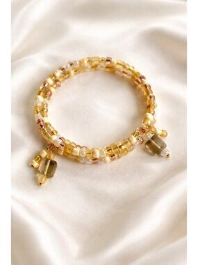 REIMAGINED Glass Bead Memory Wire Bracelet Gold Cream Charm Wrap Boho Handmade